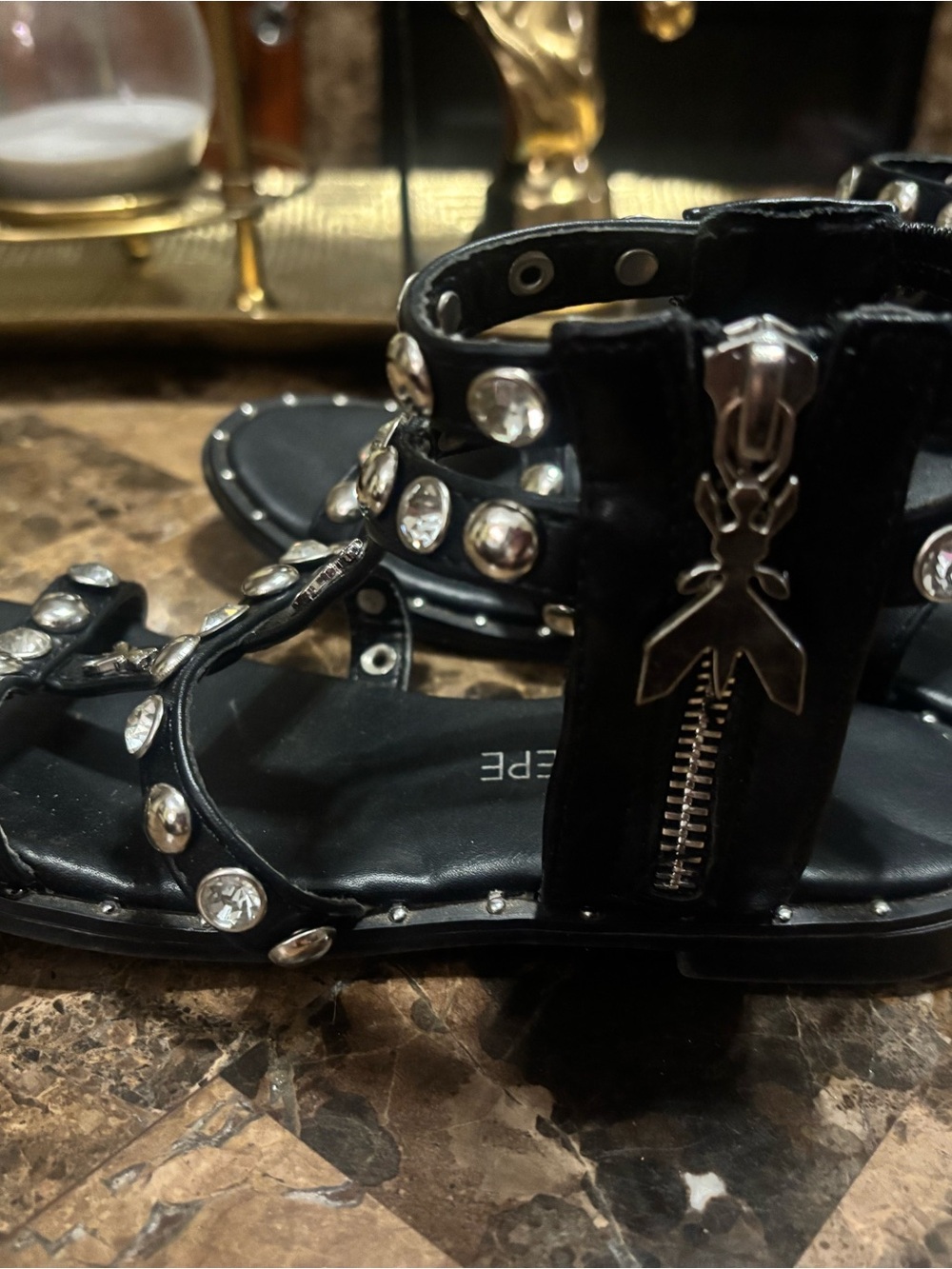 Patrizia Pepe Black Studded Gladiator Sandals with Zip Detail